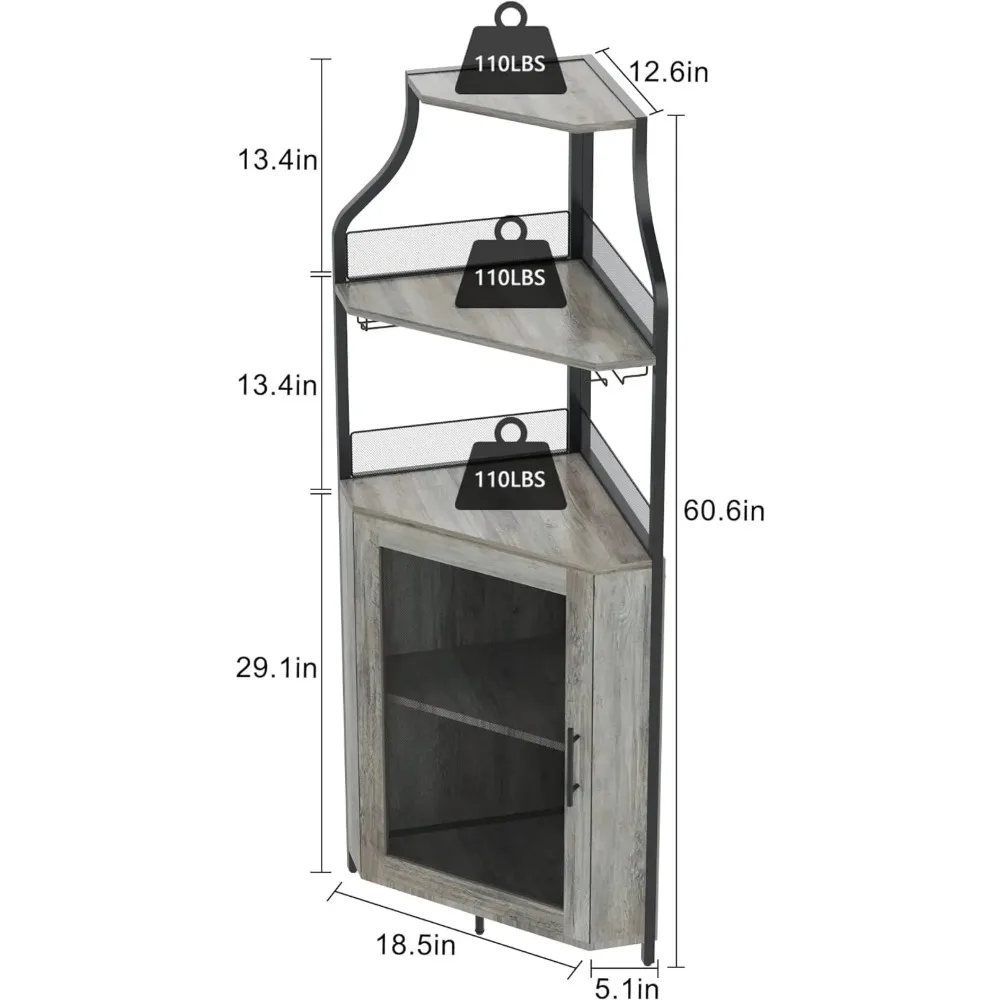 Corner  Cabinet with Removable Wine Rack, Wine Bar Cabinet with Barn Door and Adjustable Shelves, Industrial Wine Cabinet