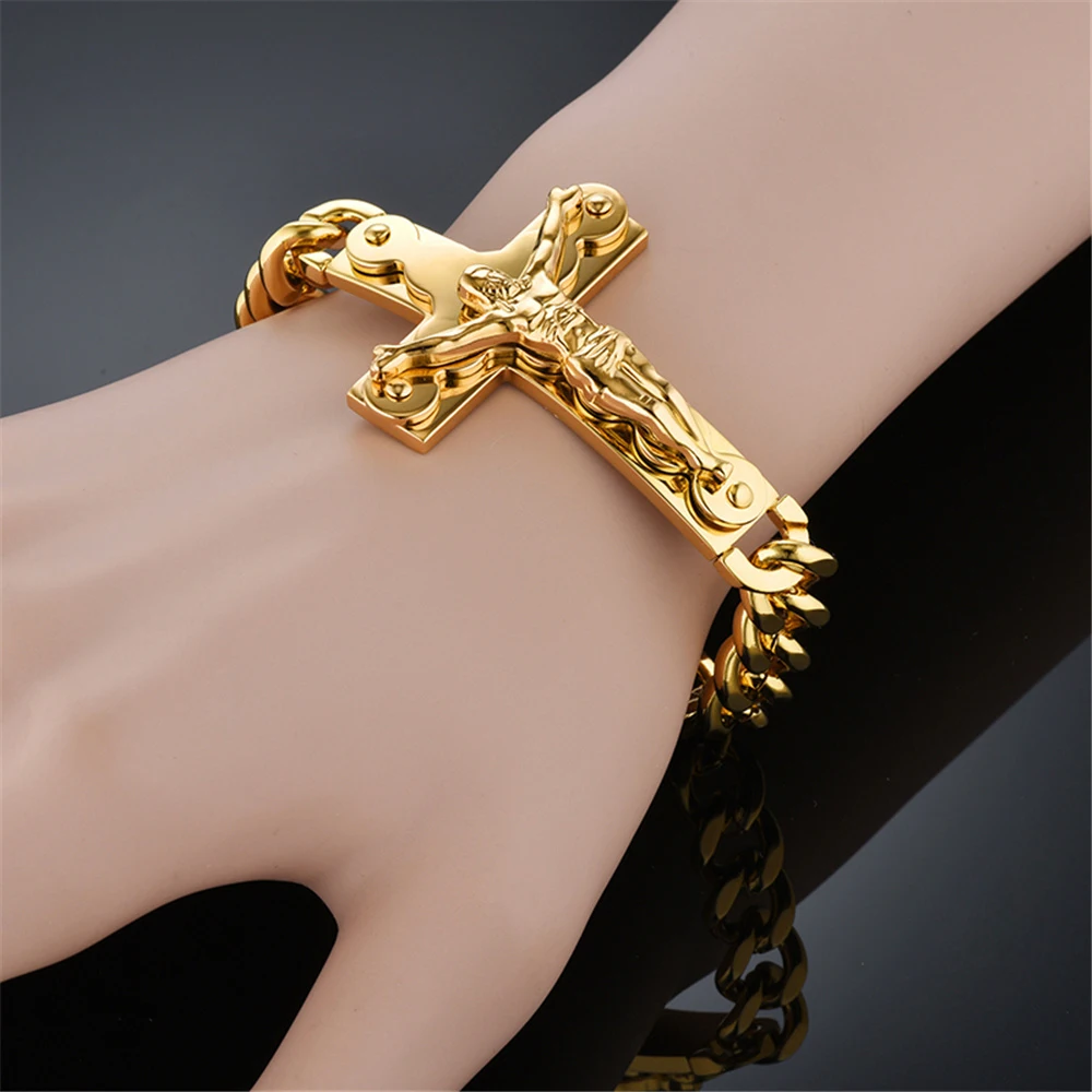 Religiöse Christus Kruzifix Jesus Kreuz Armband Gold Silber Farbe Edelstahl Cuban Link Kette Armbänder Für Männer Schmuck Geschenk