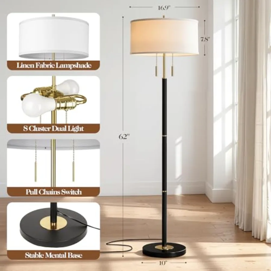 2-Light Mid Century Modern Floor Lamp Standing Lamp with Fabric Shade and Pull Chain Switch Tall Floor Lamp for Living Room Bed