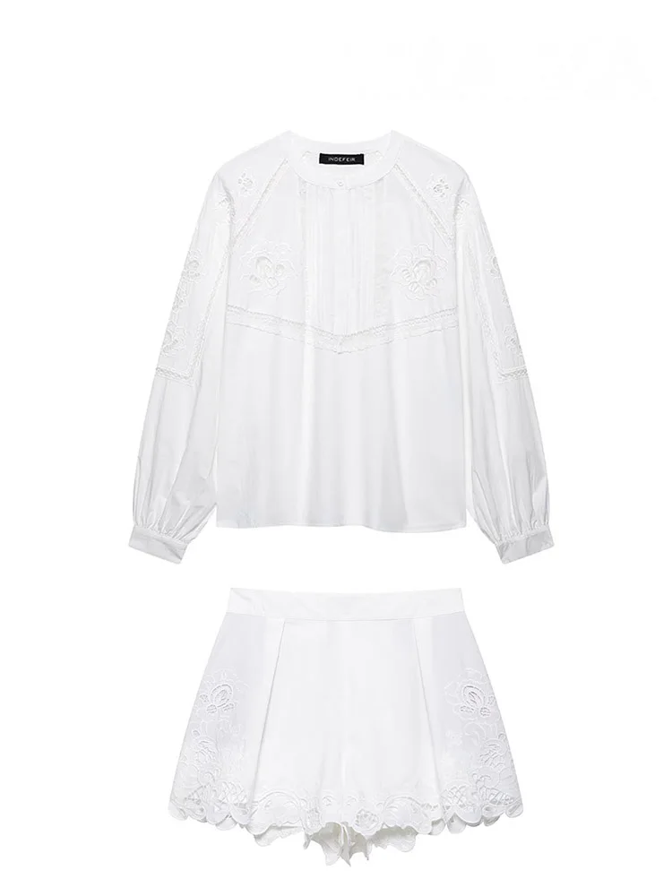 HH verano mujeres Chic hueco bordado decoración O-Collar blusas Top + moda sólido alto plisado Casual pantalones cortos conjuntos