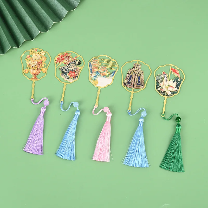 Metal Bookmark Chinese Ancient Fan Landscape Scenery Bookmark With Tassels Stationery Gift For Reader Student