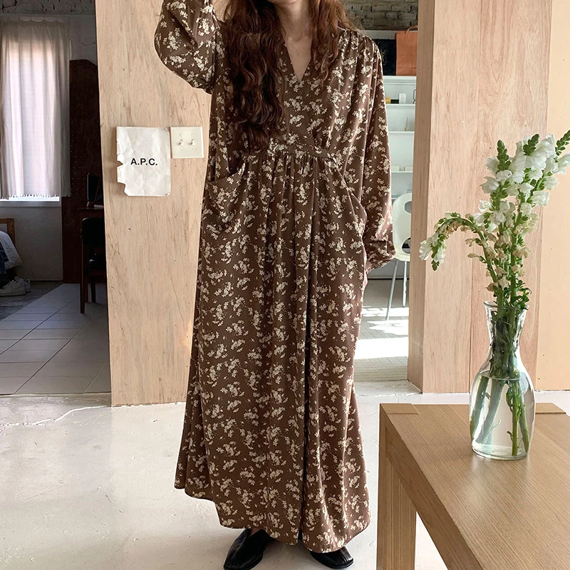 Early Autumn Vintage Ele V-ne Floral Loose Long Sve Dr Women's Long Dr Korean Sle Commute mid Waist Skirt