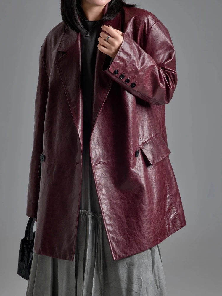 Vintage-Blazer aus echtem Leder für Damen, Herbst und Winter, 2022, neuer High-End-einfacher, lockerer, weicher Ölwachs-Mantel aus echtem Schaffell