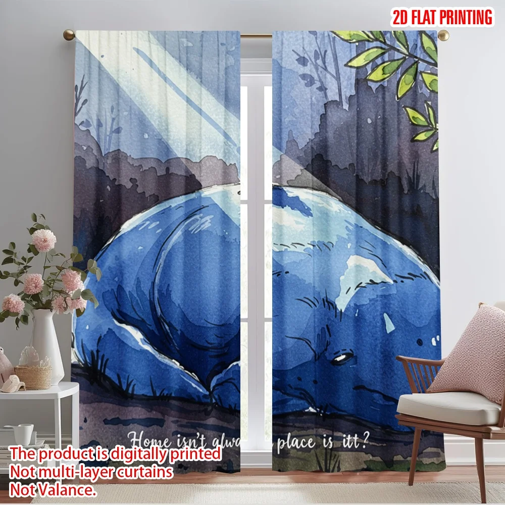 

2pcs 2D flat printing Scene Curtains Dreamy Blue Horse Comforting Person Polyester Without Electricity Festive Curtains Perfect