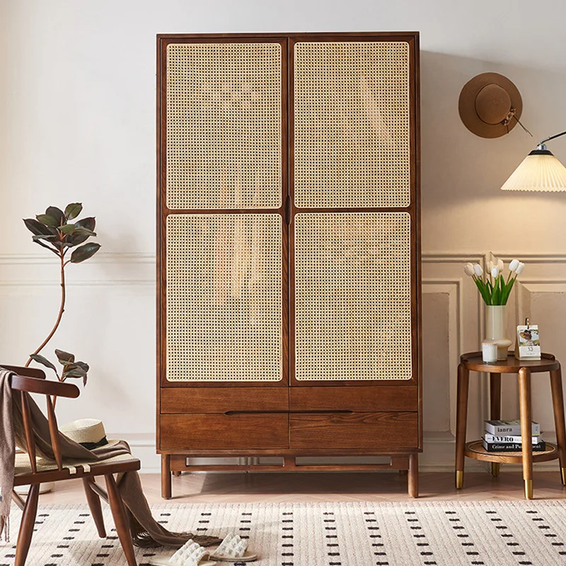 Nordic rattan wardrobe B & B hotel bedroom double door solid wood storage locker home designer double door wardrobe