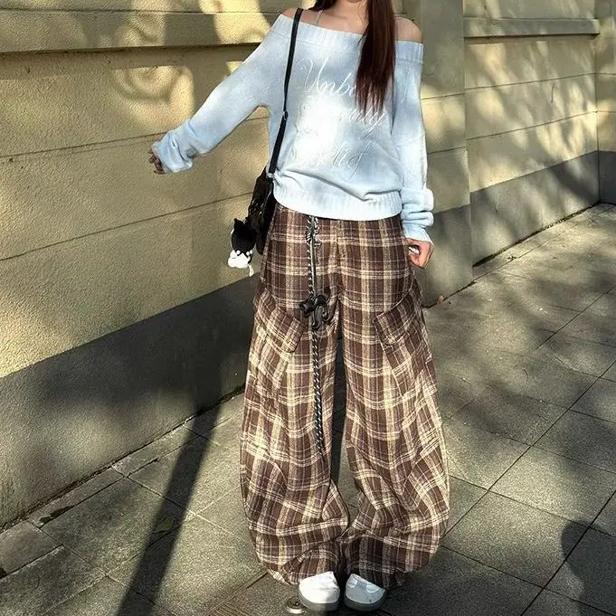 American Retro Keychain Check Pants Multi Pocket Cargo Parachute Pants Couple Scimitar Pants for Women