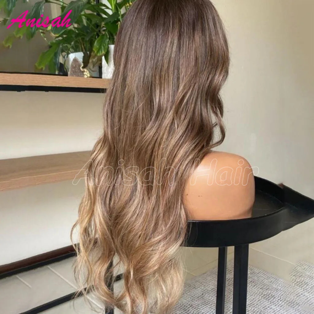 HD peruca de cabelo humano frente do laço transparente para as mulheres, gradiente marrom e cinza loira colorida, 13x4 Lace Front, Guleless Highlight