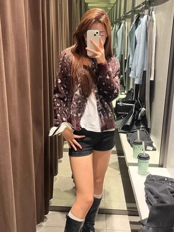 Cárdigan de Punto para Mujer, Novedad de Primavera-Otoño, Cuello Redondo, Manga Larga, Parches de Piel Sintética, Lazo de Mar...