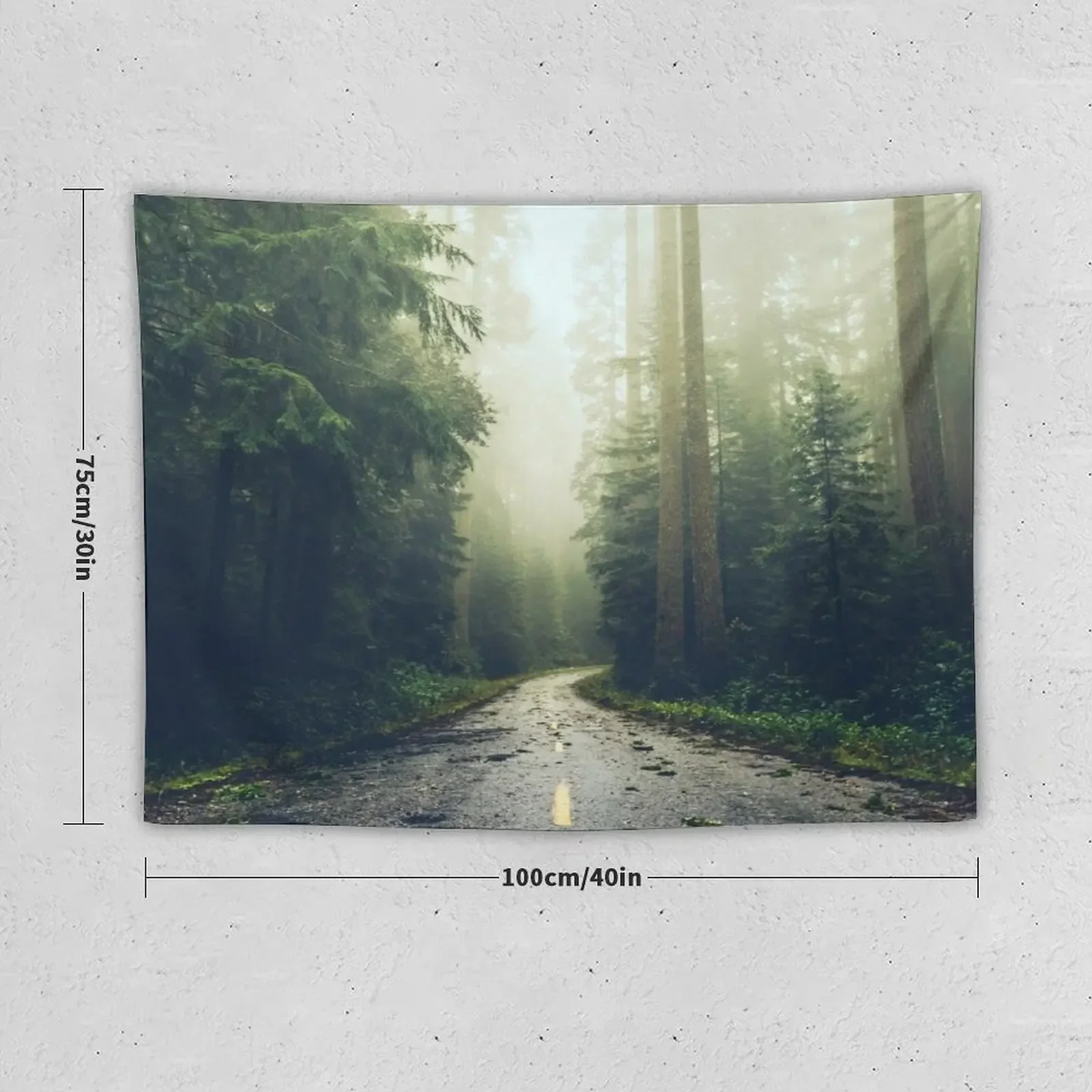 Green Forest Fog Road Wanderlust - California Redwoods Road Trip Tapestry Luxury Living Room Decoration Room Decor Cute Tapestry