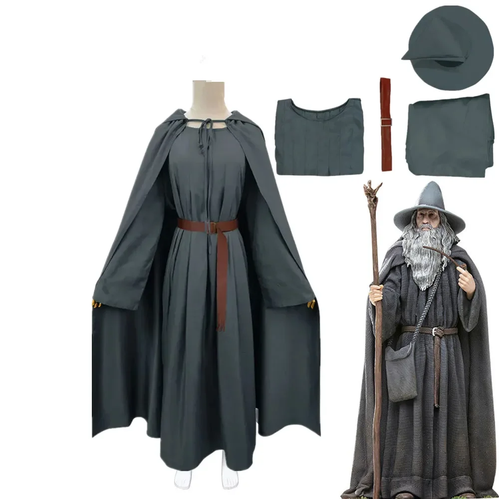 

Anime Gandalf Wizard Cosplay Costume Hobbit Long Gray Cloak Jumpsuit with Hat Belt Halloween Fancy Dress for Man Carnaval