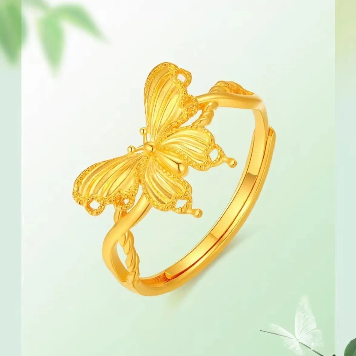 

999 Gold Jewelry Colorful Butterfly Ring, Female Retro Palace Style 24K Real Gold Index Finger Ring Boutique Jewelry Gifts