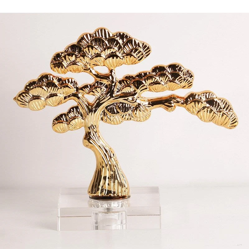 Golden Pine Tree Luck Sculpture Transparent Base Alloy Crafts Desk Decoration Gold-plated Artwork Room Aesthetic Decor
