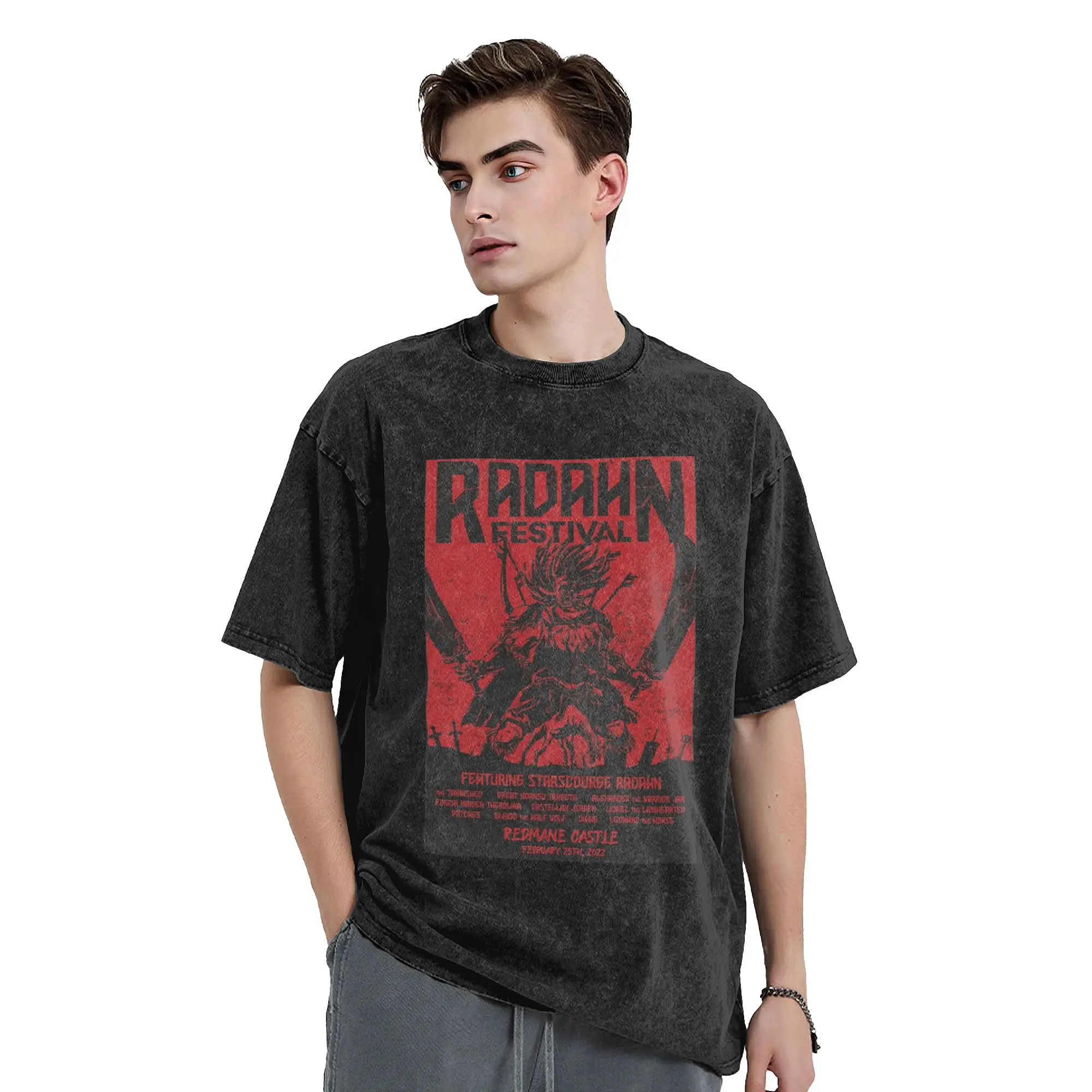 Printed Dark Souls Eldened Ringed Radahn Festival Vintage Washed T Shirt Unisex Cotton Short Sleeve  O-neck Summer TopsTops