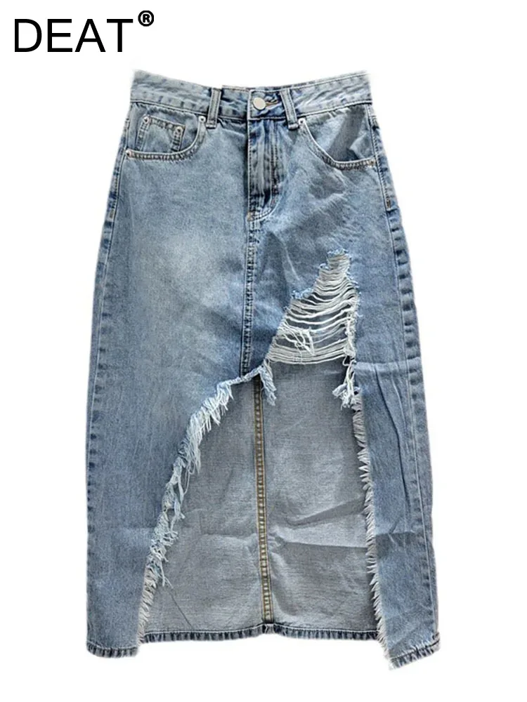 

DEAT Women's Denim Skirt High Waist Broken Holes Do Old Asymmetric A-line Female Long Skirts 2024 Summer New Fashion 29L7518