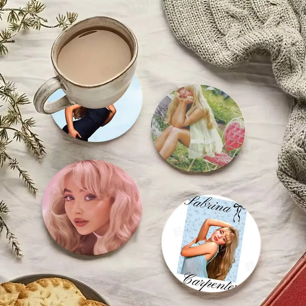 Singer S-Sabrina C-Carpenter Wood Coaster Set - Heat Resistant for Tea & Coffee, Home Cafe Decor Holiday Gift
