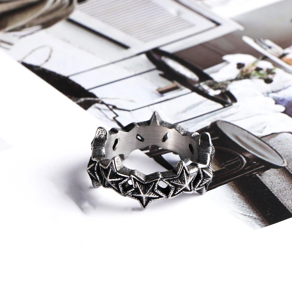 S925 Sterling Silver Five-Pointed Star Ring Thin Circle Couple Ring Retro and Individual Punk Motorcycle Ring Party Jewelry Gift