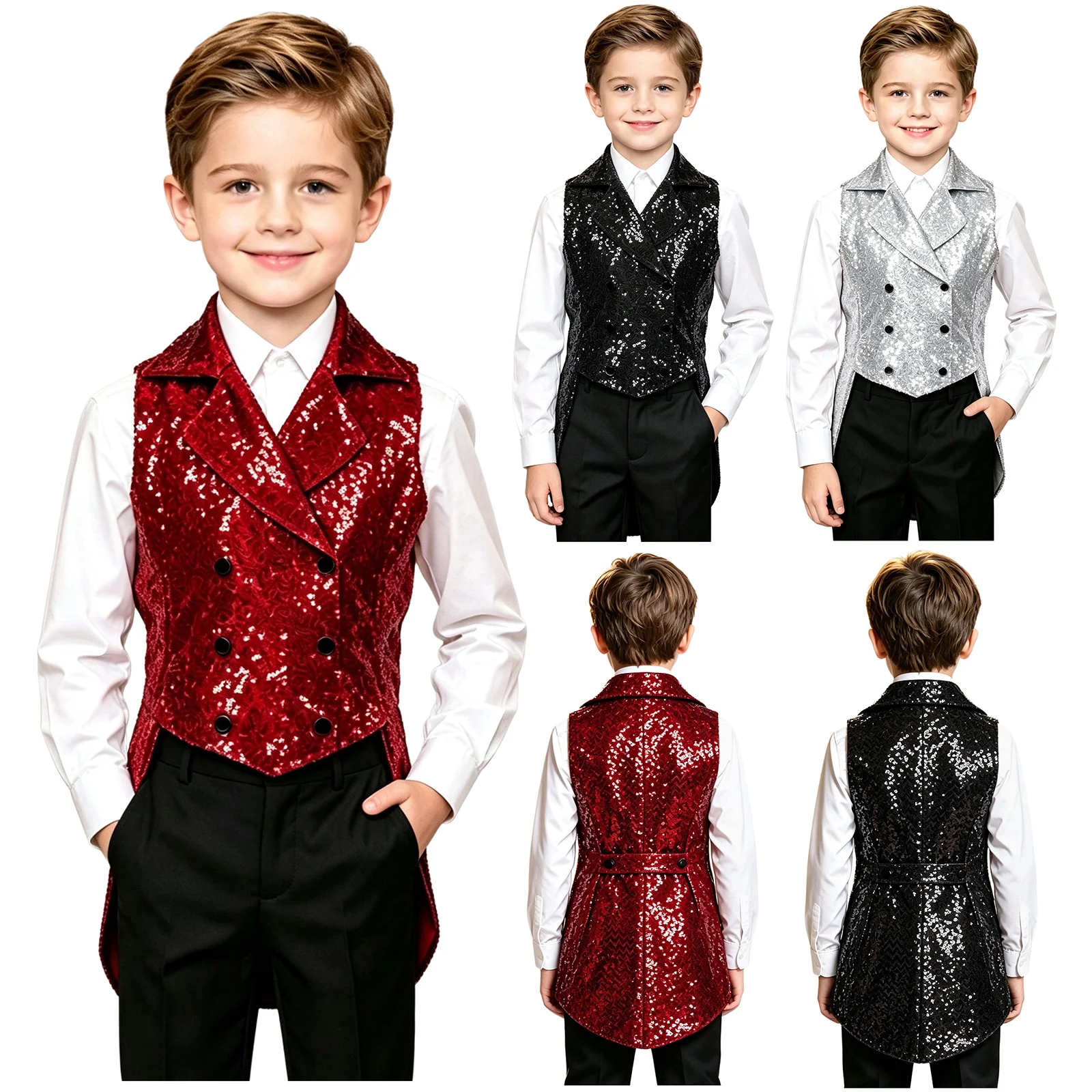 Boys Shiny Sequin Formal Suit Vest Kids Sleeveless Tailcoat Waistcoats Wedding Party Swallowtail Blazer Jacket for Magic Costume