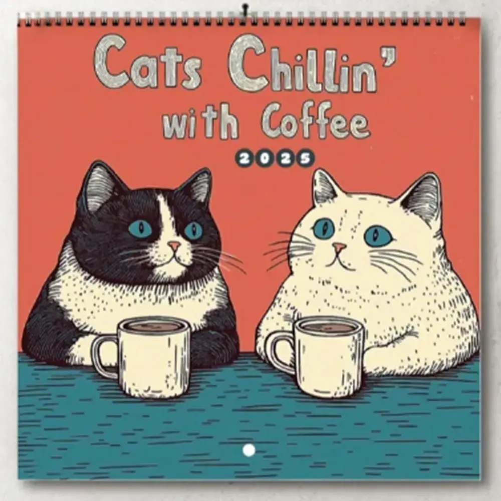 Gato design gatos e café calendário de parede pendurado dos desenhos animados encantador gato calendário bonito 2025 calendário de parede planejador organizador