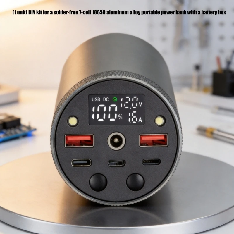 E65C Digital Display 18650 Battery Enclosure, Solderless 7 Cell Housing with Front Port Panel for DIY Repair Projects