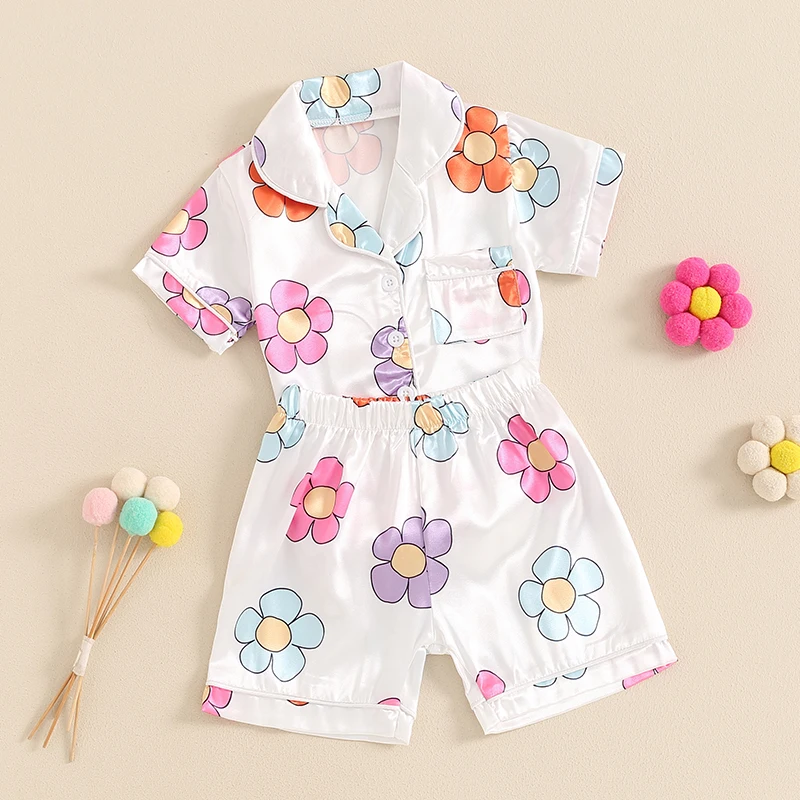 New Little Girls Floral Print Pajama Set Short Sleeve Lapel Neck Single Breasted Tops Elastic Waistband Shorts Outfits1-6 Years