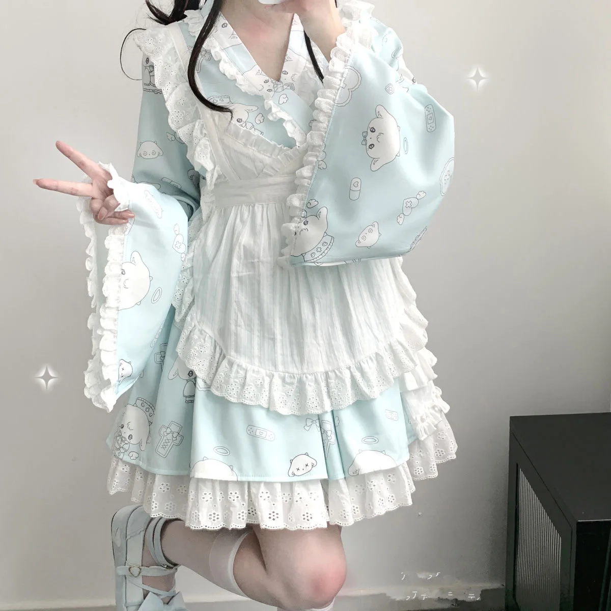 Lolita Girls Lace Cute Print Dress Autumn New Japanese V-neck Horn Long-sleeve Shirt Dress Short Skirt Apron Three-piece Sets