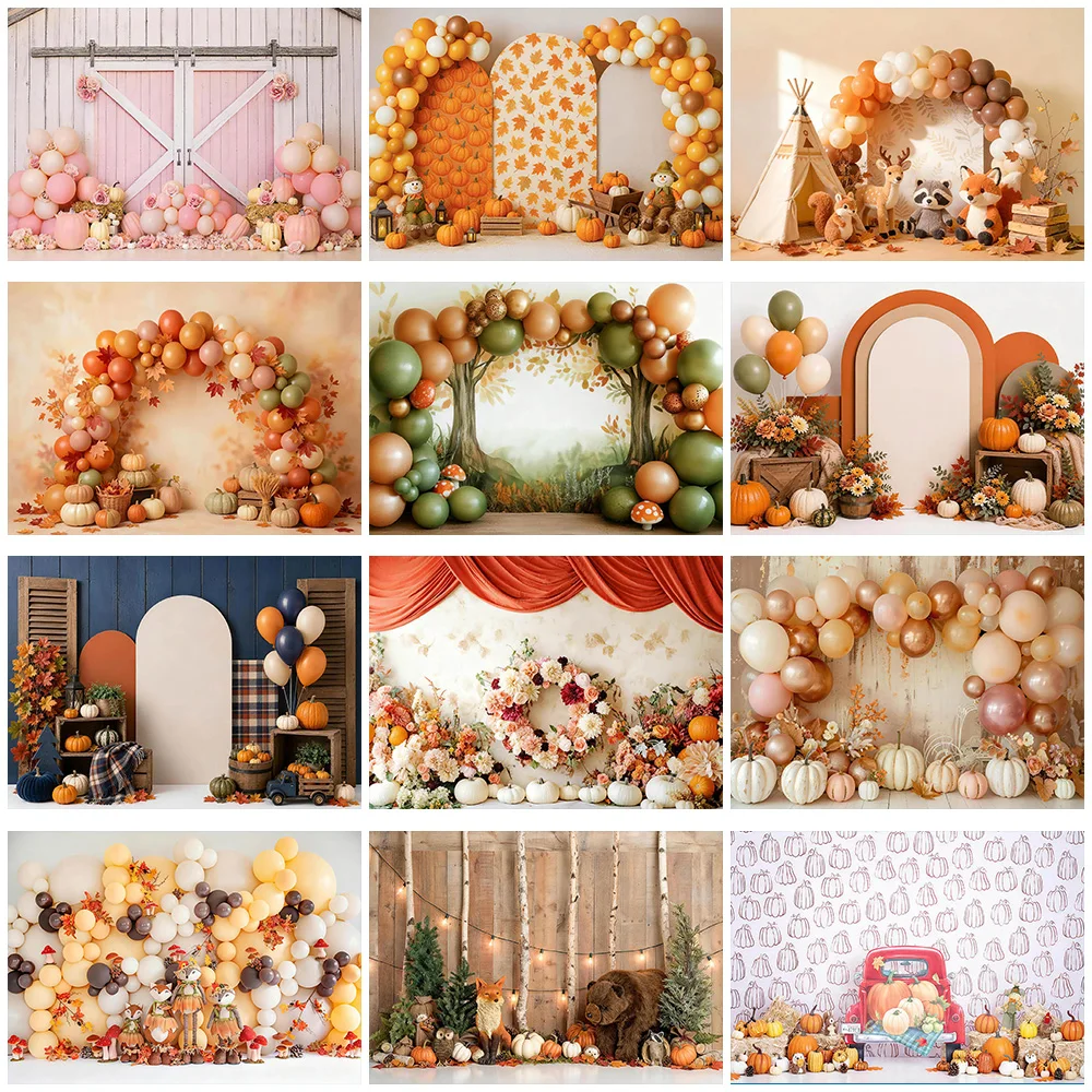 Newborn Pumpkin Birthday Cake Smash Backdrop Autumn Portrait Photography Balloons Wall Maple Leaves Kids Party Background Shoot