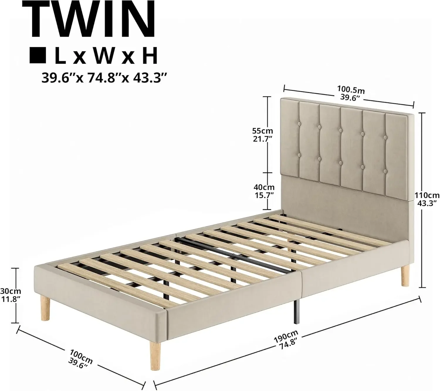 Velvet Upholstered Platform Bed Frame with Headboard and Strong Wooden Slats, No Box Spring Needed/Noise-Free/Easy Assembly, Bei