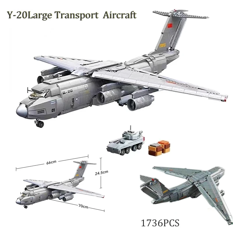 1736PCS WW2 Military Y-20Large Transport Aircraft Model Building Blocks Bricks War Aircraft Planes andJets Sets Toys For Boys