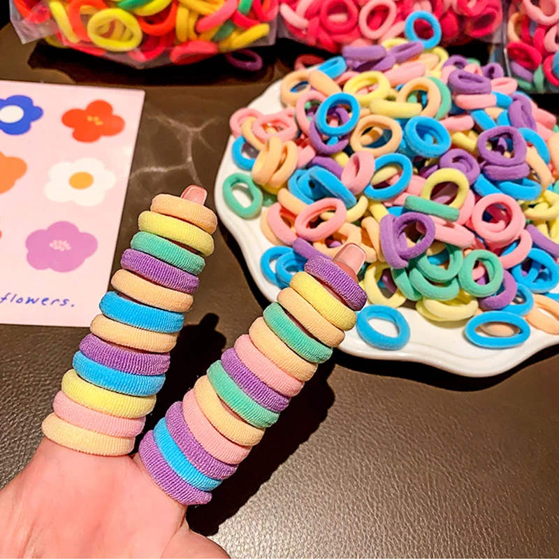 100 Pcs/Bag Children Cute Candy Cartoon Colors Solid Elastic Hair Bands Girls Lovely Srunchies Rubber Bands Kid Hair Accessories