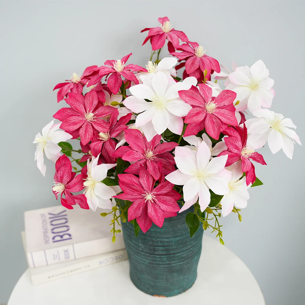 3 fleurs artificielles de clématites de 27,1 pouces avec 3 têtes, fausses branches de fleurs de clématites pour vase, bouquet de mariage, décoration de la maison et de mariage