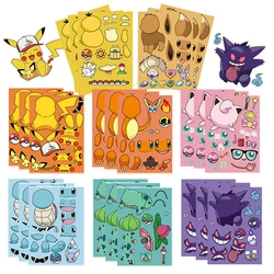 8/16sheets Pokemon Anime Pikachu Gengar Puzzle Stickers Make A Face Children Cartoon DIY Assemble Jigsaw Decals Kids Party Decor