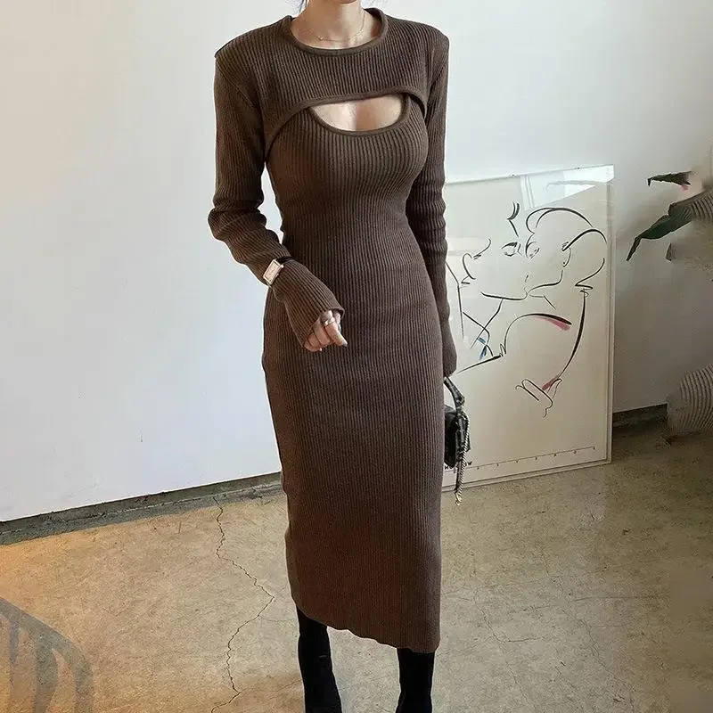 Two-Piece Long-Sleeved Shawl Stitched Vest Skirt for Women, Fashionable Knitting Dress, Spring and Autumn