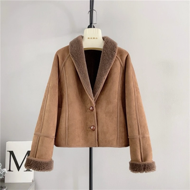 2024 Autumn and Winter New Pure Wool Suede Jacket Women Locomotive Sheep Shearling Lamb Wool Coat PT4131