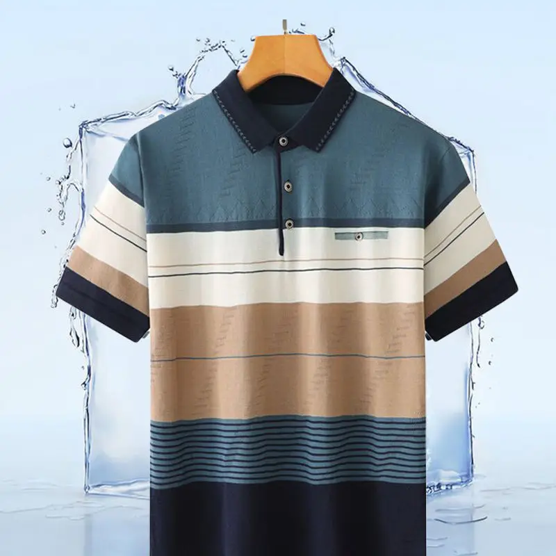 2023 Summer New Fashion High End Middle Age Business Casual Men\'s Clothing Short Sleeve Lapel Striped Printed Thin POLO Shirt