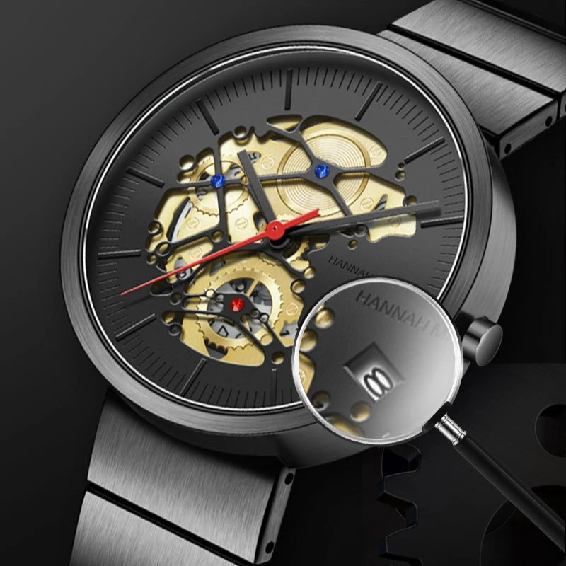HANNAH MARTIN1312 Watch Men Non Automatic Mechanical Hollow Out Watch Fashion Steel Belt Waterproof Watches for Men Reloj Hombre