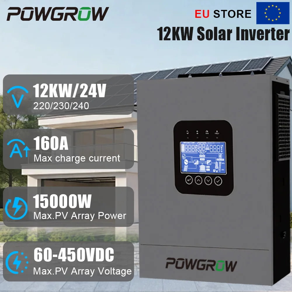 POWGROW 12KW Zuivere Sinusgolf Hybride Omvormer 48V Dubbele MPPT 60-450V 15000W DC Ingang 160A Max. Lading 24KW Piekspanning 94% Efficiëntie Werkt Zonder Batterij Thuisgebruik