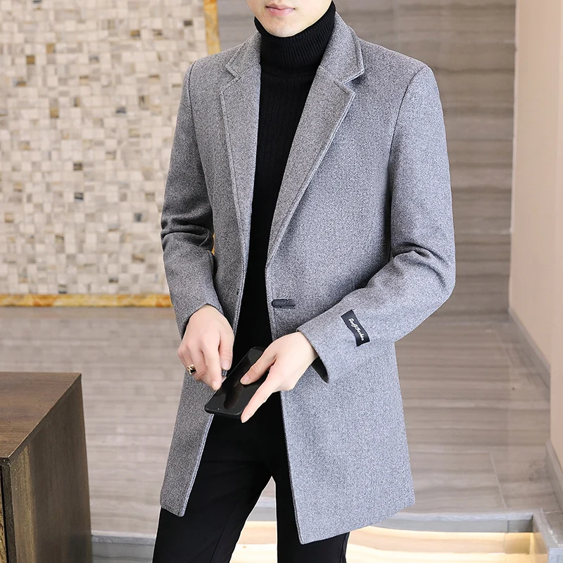 

Four seasons autumn and winter woolen coat new fashion comfortable male youth solid color matching medium long trench coat