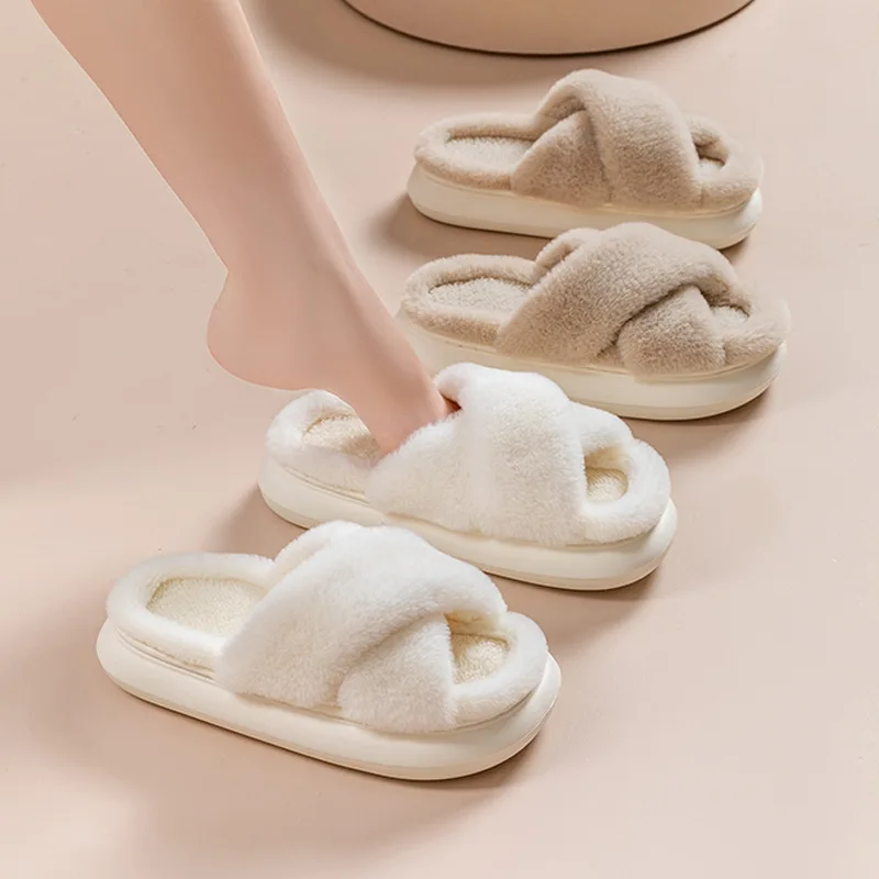 Fashion Women Furry Cross Slides Open Toe Plush House Slippers Memory Foam Lightweight Anti Slip Indoor Bedroom Home Cloud Shoes