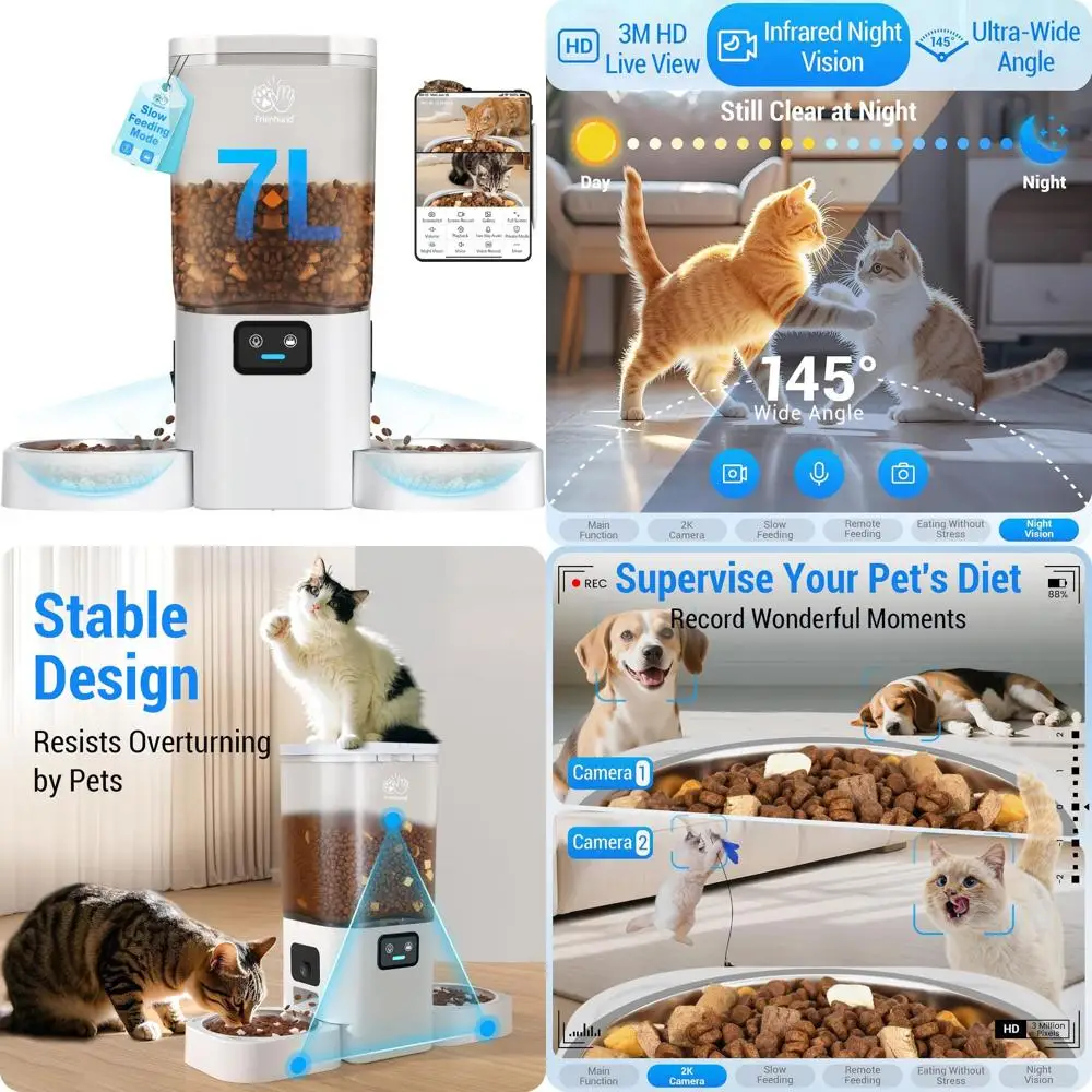 5G WiFi Smart Cat Feeder with Dual HD Cameras, 7L Night Vision Dog Feeder, Multi-Pet Food Dispenser, Easy Clean, 29-Cup Capacity