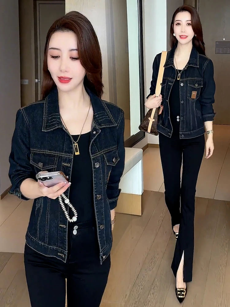 

Джинсовый тюнер для похудения для женщин, модный корейский осенний новый поступление, дышащий женский топ с воротником и пуговицами, C...