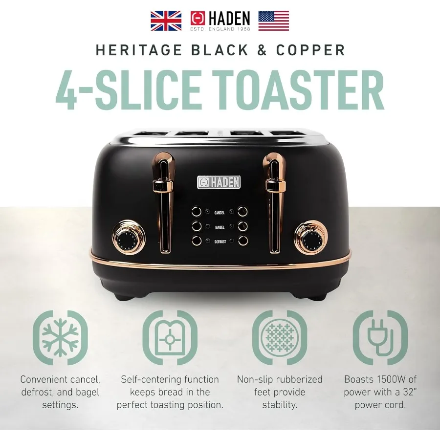 Heritage 4-Scheiben-Toaster mit extra breiten Schlitzen, 1500 Watt, schwarzes Kupfer, Retro-Edelstahl-Design mit selbstzentrierender Funktion