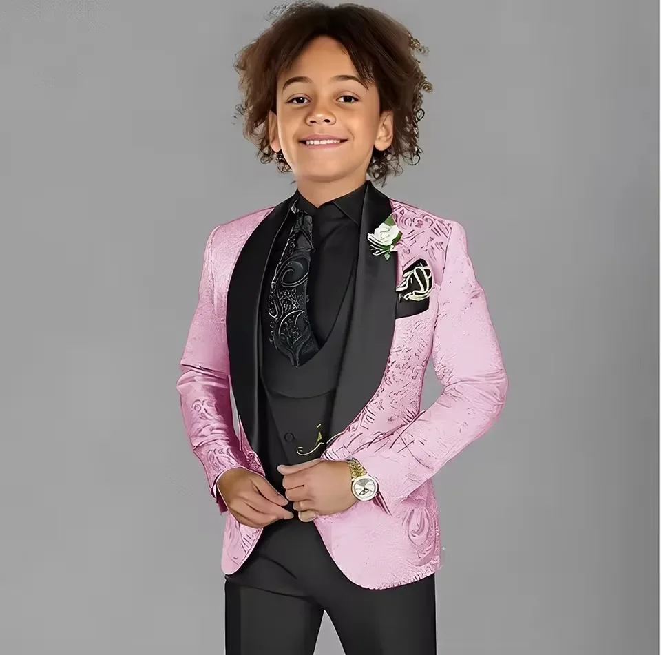

Pink Jacquard Boys Suit Tuxedo Formal 3 piece Suit Jacket Black Pants Vest Wedding Kids Style Boys Slim Fit Suit