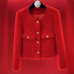 New High Quality Fashion Red Tweed Jacket Coat Women French O-neck Long Sleeve Metal Button Short Woolen Outerwears Elegant