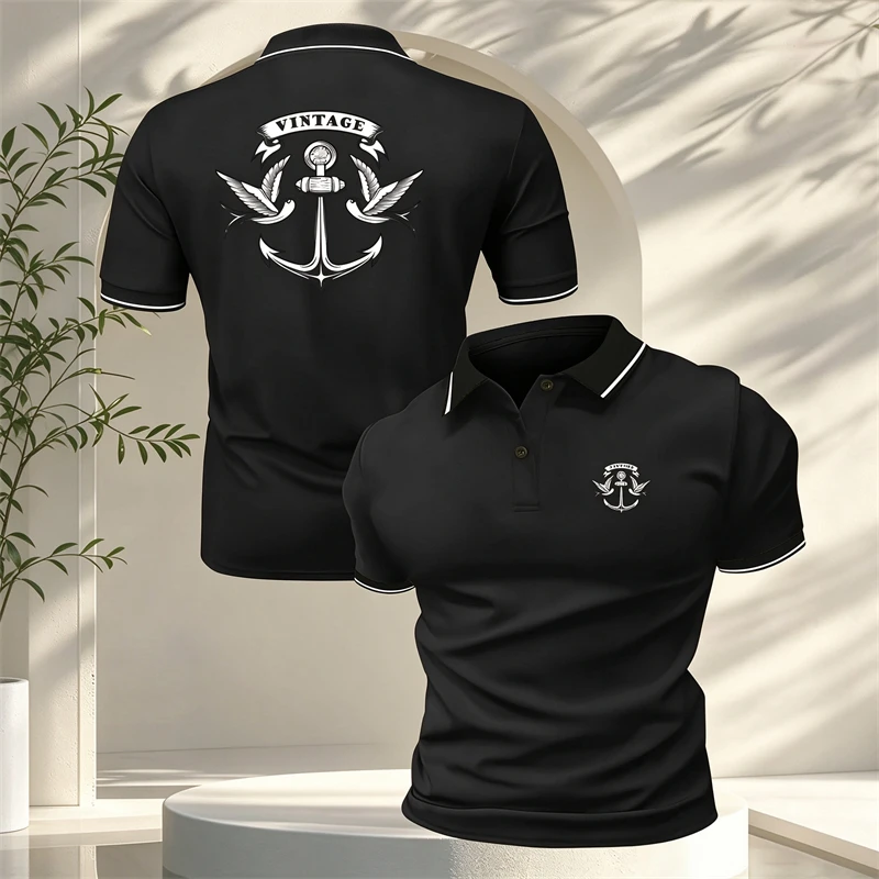 Nautical Anchor Graphic Polo Shirt for Men Short Sleeve Marine Style Collared Top with Winged Emblem Print Casual Summer Outfits