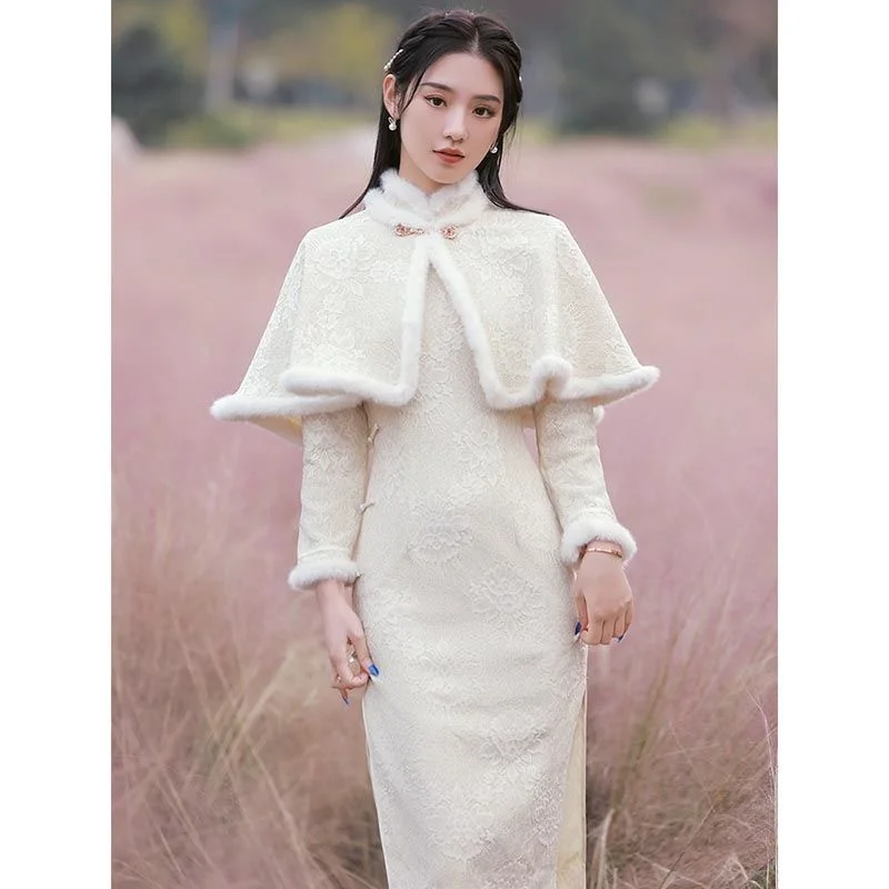 

Autumn Winter Thicken Warm Women Shawl+qipao Two-piece Chinese Dress Traditional Retro Vestido Chino Elegant Improve Cheongsam