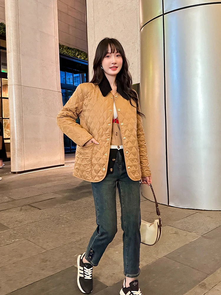 

Briti Sle Casual Cotton Jaet Women's Spring Autumn New Faion Warm Diamond Pattern Collar Coat Straight Tube pe