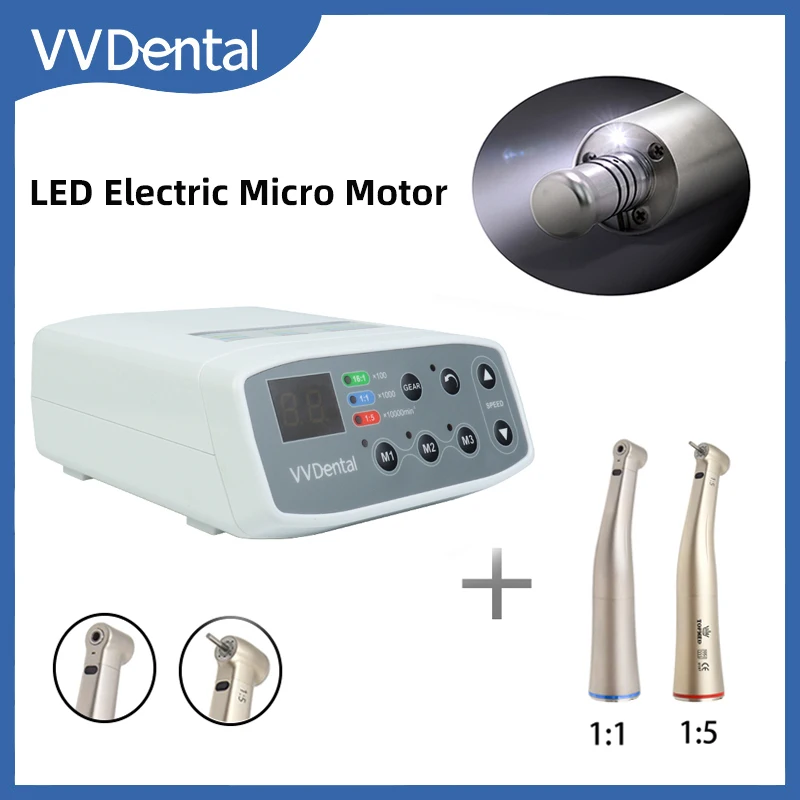 VVDental LED Micro Motor Electric Brushless Unit Internal Water Spray 1:5/1:1 Fiber Optic Contra Angle Handpiece Dental Machine