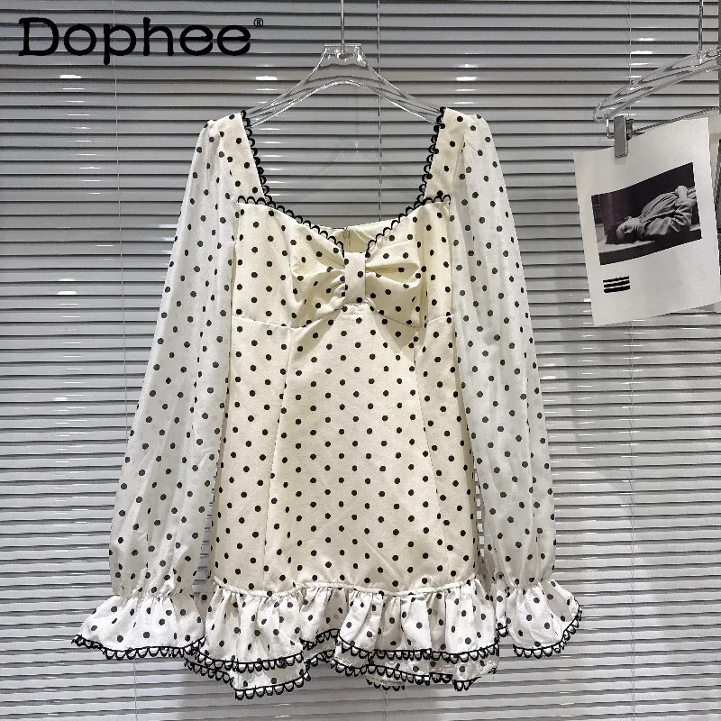 

2026 Spring New Sweet Cute Girl Square Neck Bowknot Polka Dot Top Loose Casual Versatile Long Sleeve Dress