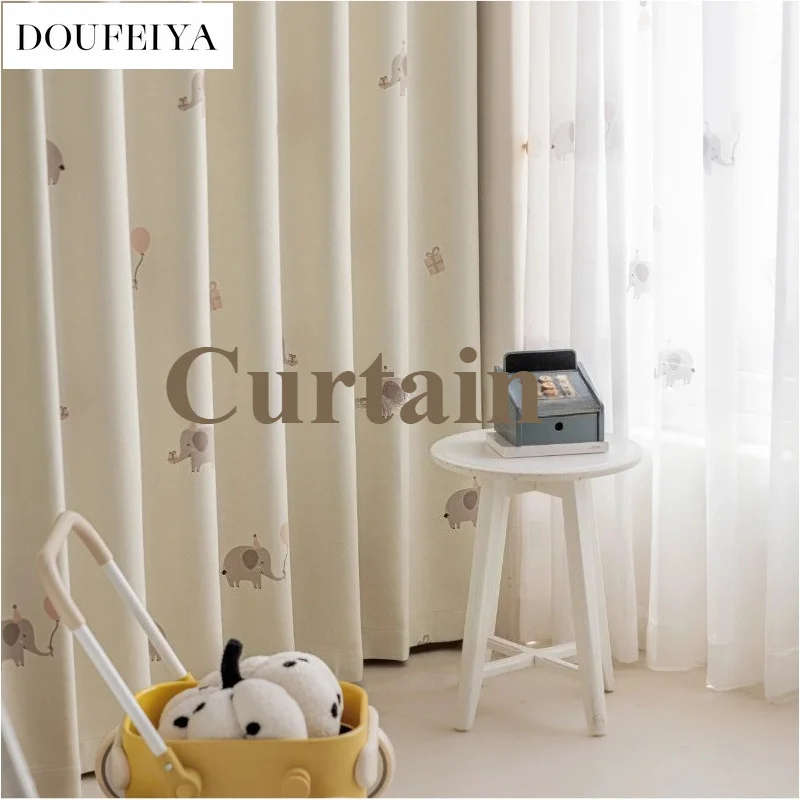 Custom Size Kids-children Curtain Cartoon Light-Blocking Elephant Print Cotton-Linen Curtains for Living Dining Room Bedroom