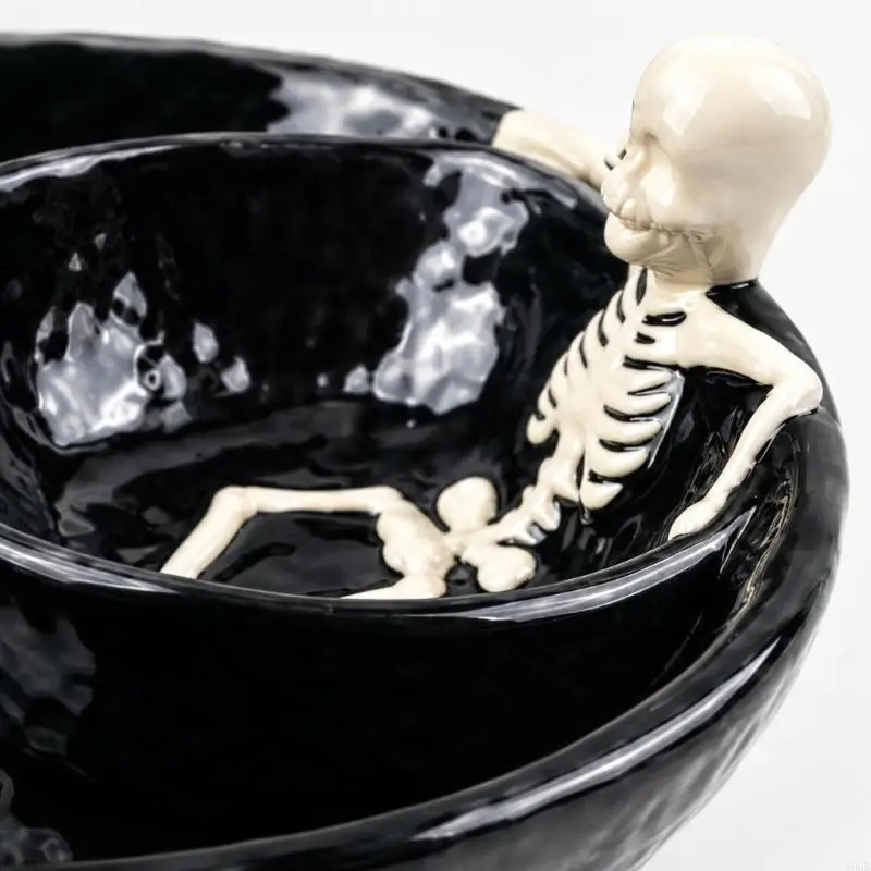 Halloween Skeleton Snacks Dishes Decorative Serving Bowl, Black Ceramic Candy Dish with Raised White for Distinctive Y5GB